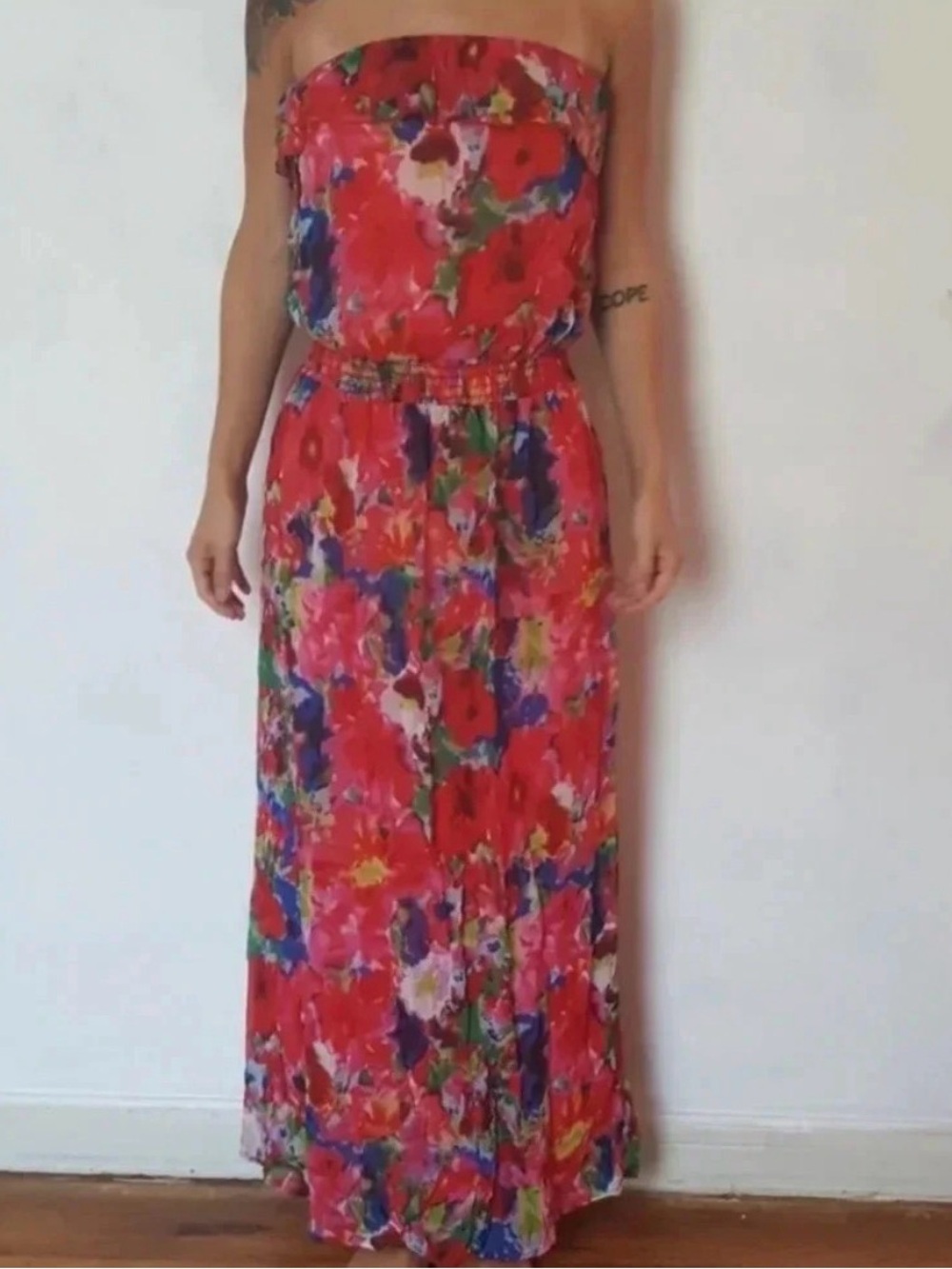 Floral Strapless Red and Multicolored Maxi Dress